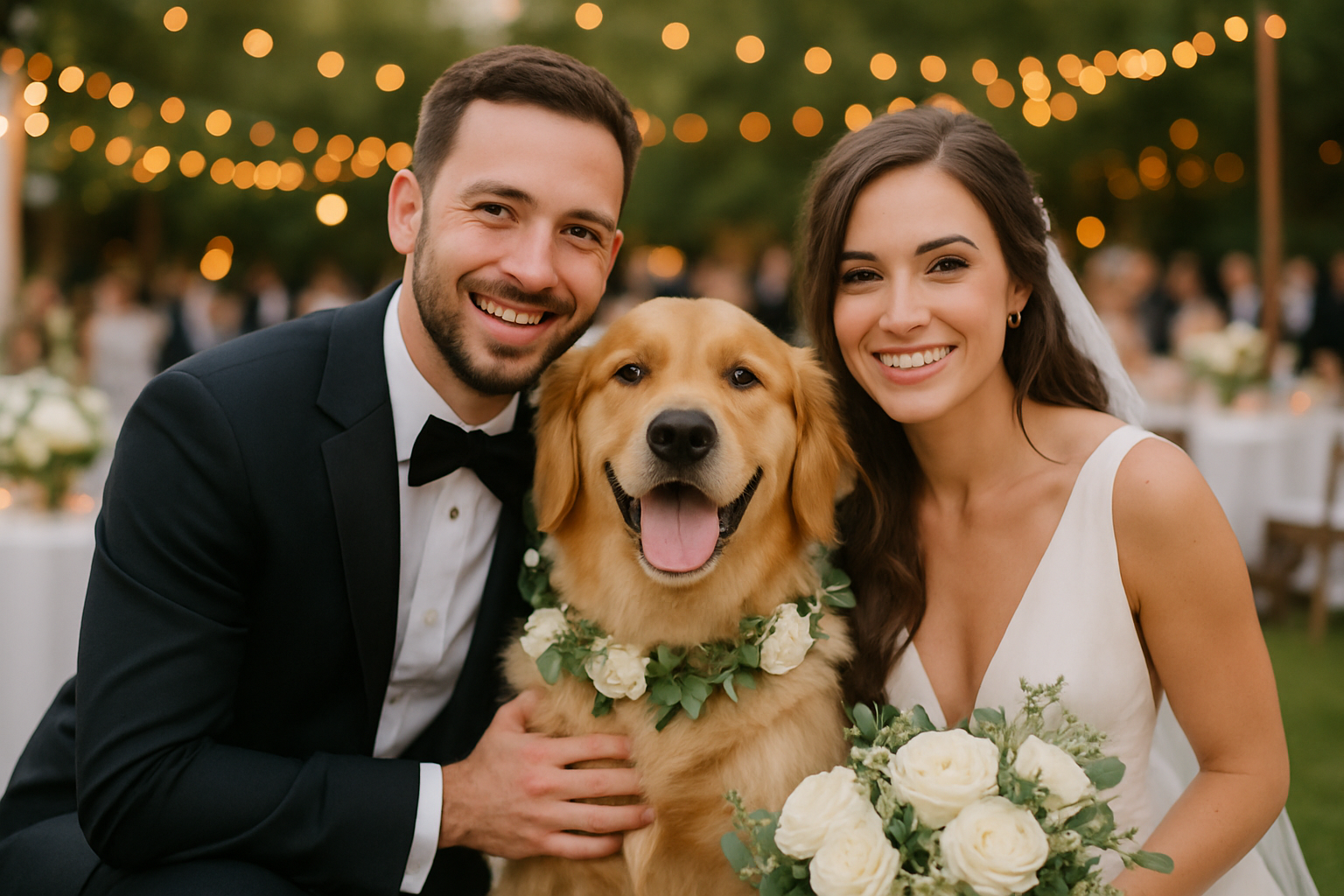 Couple with their dog at a wedding celebration